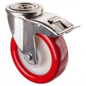 Roulette Inox Polyuréthane rouge 95 +/-3 Shore Ø125mm 200kg - Avec blocage direc