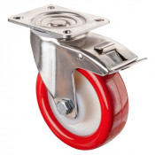 Roulette Inox Polyuréthane rouge 95 +/-3 Shore Ø125mm 250kg - Avec blocage direc