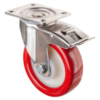 Roulette Inox Polyuréthane rouge 95 +/-3 Shore Ø125mm 250kg - Avec blocage direc