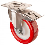 Roulette Inox Polyuréthane rouge 95 +/-3 Shore Ø125mm 300kg - Avec blocage direc