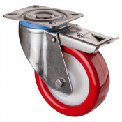 Roulette Inox Polyuréthane rouge 95 +/-3 Shore Ø125mm 300kg - Avec blocage total