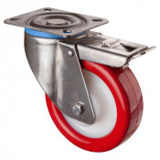 Roulette Inox Polyuréthane rouge 95 +/-3 Shore Ø125mm 300kg - Avec blocage total
