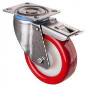 Roulette Inox Polyuréthane rouge 95 +/-3 Shore Ø125mm 300kg - Avec blocage total