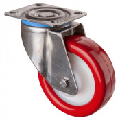 Roulette Inox Polyuréthane rouge 95 +/-3 Shore Ø125mm 300kg - Pivotante