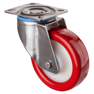 Roulette Inox Polyuréthane rouge 95 +/-3 Shore Ø125mm 300kg - Pivotante