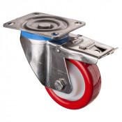 Roulette Inox Polyuréthane rouge 95 +/-3 Shore Ø125mm 400kg - Avec blocage total