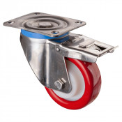 Roulette Inox Polyuréthane rouge 95 +/-3 Shore Ø125mm 400kg - Avec blocage total