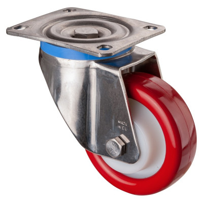 Roulette Inox Polyuréthane rouge 95 +/-3 Shore Ø125mm 400kg - Pivotante