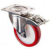 Roulette Inox Polyuréthane rouge 95 +/-3 Shore Ø150mm 240kg - Avec blocage direc