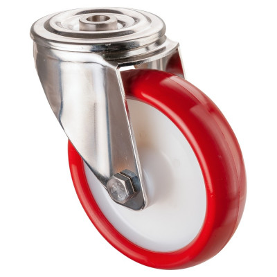 Roulette Inox Polyuréthane rouge 95 +/-3 Shore Ø150mm 240kg - Pivotante