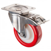 Roulette Inox Polyuréthane rouge 95 +/-3 Shore Ø150mm 300kg - Avec blocage direc