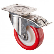 Roulette Inox Polyuréthane rouge 95 +/-3 Shore Ø150mm 300kg - Avec blocage direc