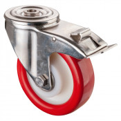 Roulette Inox Polyuréthane rouge 95 +/-3 Shore Ø150mm 300kg - Avec blocage direc