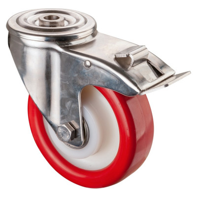 Roulette Inox Polyuréthane rouge 95 +/-3 Shore Ø150mm 300kg - Avec blocage direc
