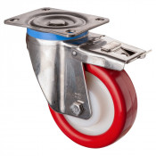 Roulette Inox Polyuréthane rouge 95 +/-3 Shore Ø150mm 500kg - Avec blocage total