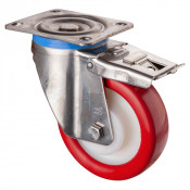 Roulette Inox Polyuréthane rouge 95 +/-3 Shore Ø150mm 500kg - Avec blocage total
