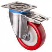 Roulette Inox Polyuréthane rouge 95 +/-3 Shore Ø150mm 500kg - Avec blocage total