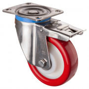 Roulette Inox Polyuréthane rouge 95 +/-3 Shore Ø150mm 500kg - Avec blocage total
