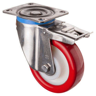Roulette Inox Polyuréthane rouge 95 +/-3 Shore Ø150mm 500kg - Avec blocage total