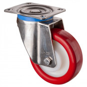 Roulette Inox Polyuréthane rouge 95 +/-3 Shore Ø150mm 500kg - Pivotante