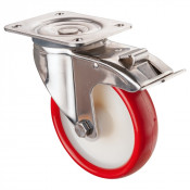 Roulette Inox Polyuréthane rouge 95 +/-3 Shore Ø160mm 300kg - Avec blocage direc