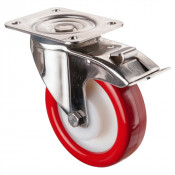 Roulette Inox Polyuréthane rouge 95 +/-3 Shore Ø160mm 300kg - Avec blocage direc
