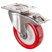 Roulette Inox Polyuréthane rouge 95 +/-3 Shore Ø160mm 300kg - Avec blocage direc