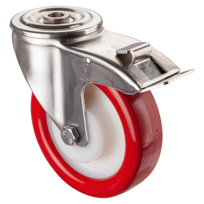 Roulette Inox Polyuréthane rouge 95 +/-3 Shore Ø160mm 300kg - Avec blocage direc
