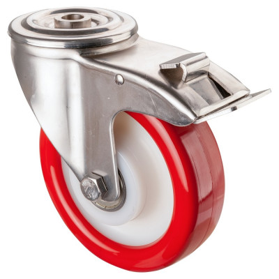 Roulette Inox Polyuréthane rouge 95 +/-3 Shore Ø160mm 300kg - Avec blocage direc