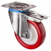 Roulette Inox Polyuréthane rouge 95 +/-3 Shore Ø160mm 600kg - Avec blocage total