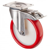 Roulette Inox Polyuréthane rouge 95 +/-3 Shore Ø200mm 380kg - Avec blocage direc