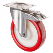 Roulette Inox Polyuréthane rouge 95 +/-3 Shore Ø200mm 400kg - Avec blocage direc