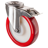 Roulette Inox Polyuréthane rouge 95 +/-3 Shore Ø200mm 400kg - Avec blocage direc Roulette Inox Polyuréthane rouge 95 +/-3 Shore Ø200mm 400kg - Avec blocage direc