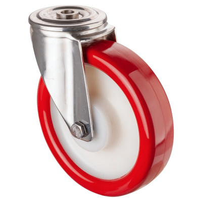 Roulette Inox Polyuréthane rouge 95 +/-3 Shore Ø200mm 400kg - Pivotante