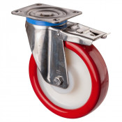 Roulette Inox Polyuréthane rouge 95 +/-3 Shore Ø200mm 700kg - Avec blocage total