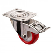Roulette Inox Polyuréthane rouge 95 +/-3 Shore Ø80mm 100kg - Avec blocage direct
