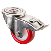 Roulette Inox Polyuréthane rouge 95 +/-3 Shore Ø80mm 100kg - Avec blocage direct