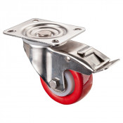 Roulette Inox Polyuréthane rouge 95 +/-3 Shore Ø80mm 150kg - Avec blocage direct