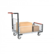 Chariot modulaire grillagé 1 dossier et 3 demi-ridelles, plateau bois 1000 x 600 mm
