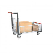 Chariot modulaire grillagé 1 dossier et 3 demi-ridelles, plateau bois 1000 x 600 mm