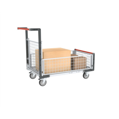 Chariot modulaire grillagé 1 dossier et 3 demi-ridelles, plateau bois 1000 x 600 mm