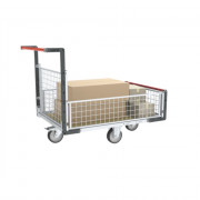 Chariot modulaire grillagé 1 dossier et 3 demi-ridelles, plateau bois 1200 x 800 mm, roues losange