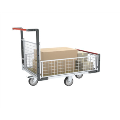 Chariot modulaire grillagé 1 dossier et 3 demi-ridelles, plateau bois 1200 x 800 mm, roues losange