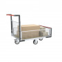 Chariot modulaire grillagé 1 dossier et 3 demi-ridelles, plateau bois 1200 x 800 mm, roues losange