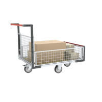 Chariot modulaire grillagé 1 dossier et 3 demi-ridelles, plateau bois 1200 x 800 mm, roues losange Chariot modulaire grillagé 1 dossier et 3 demi-ridelles, plateau bois 1200 x 800 mm, roues losange