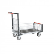 Chariot modulaire grillagé 1 dossier et 3 demi-ridelles, plateau bois avec tapis caoutchouc 1000 x 6