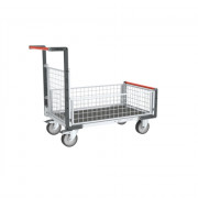 Chariot modulaire grillagé 1 dossier et 3 demi-ridelles, plateau bois avec tapis caoutchouc 1000 x 6