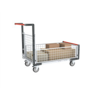 Chariot modulaire grillagé 1 dossier et 3 demi-ridelles, plateau tôle galva 1000 x 600 mm