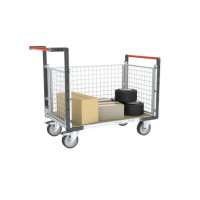 Chariot modulaire grillagé 2 dossiers + 1 ridelle, plateau bois 1000 x 600 mm, roues rectangle
