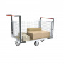 Chariot modulaire grillagé 2 dossiers + 1 ridelle, plateau bois 1200 x 800 mm, roues losange